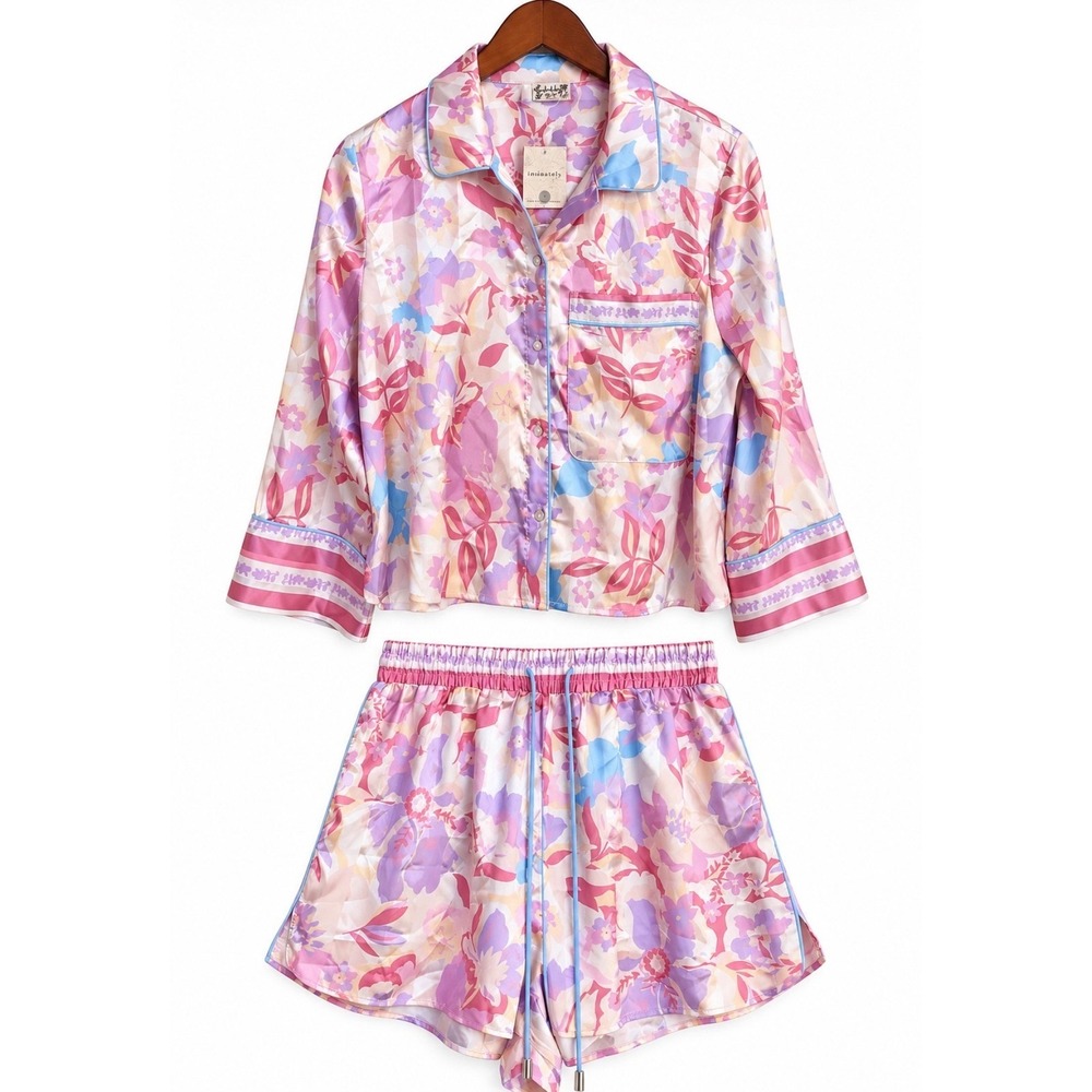 NWT Intimately Free People Pajama Set Floral Satin Top Shorts Soft Combo M